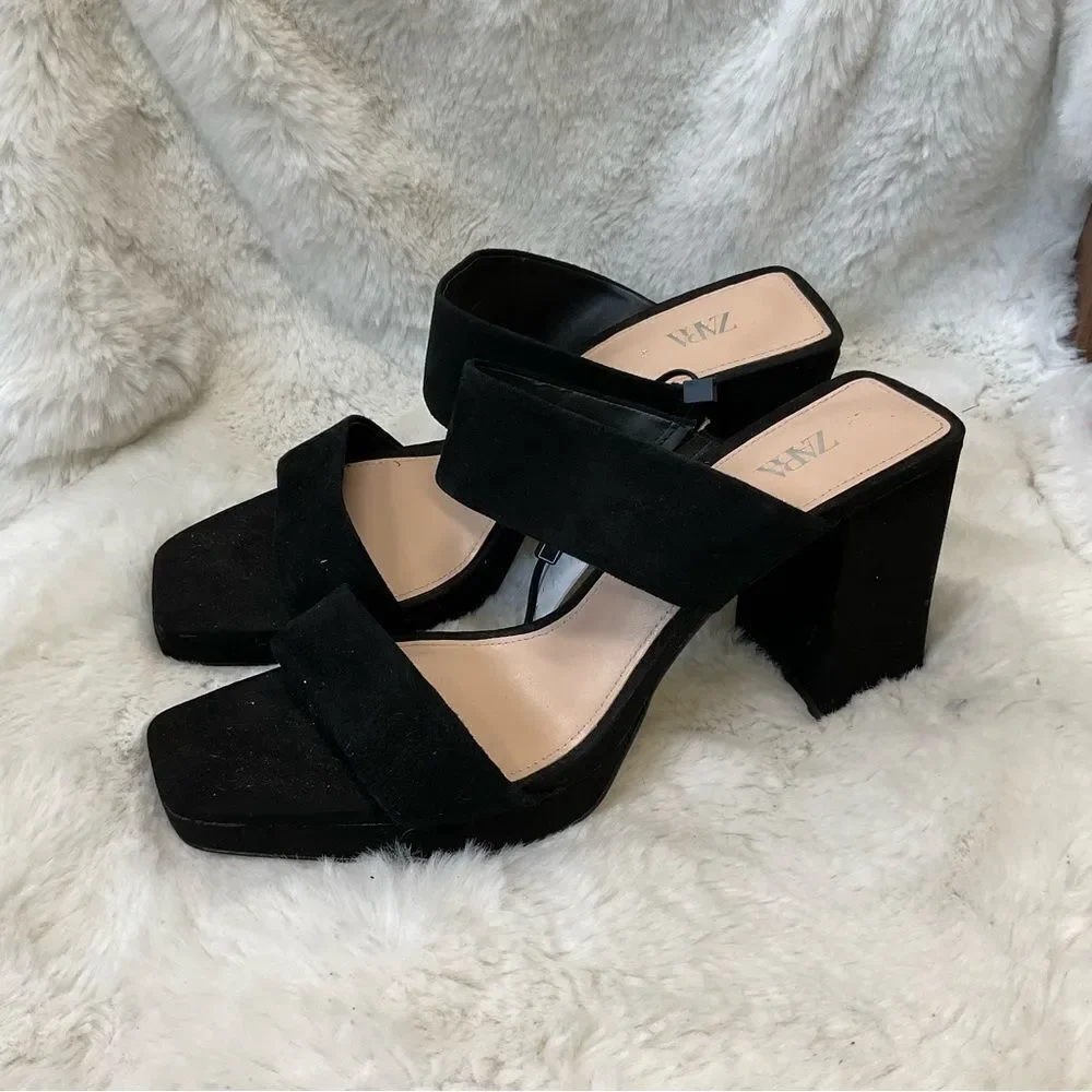 NEW ZARA black suede leather double straps square tie slip on sandals 10